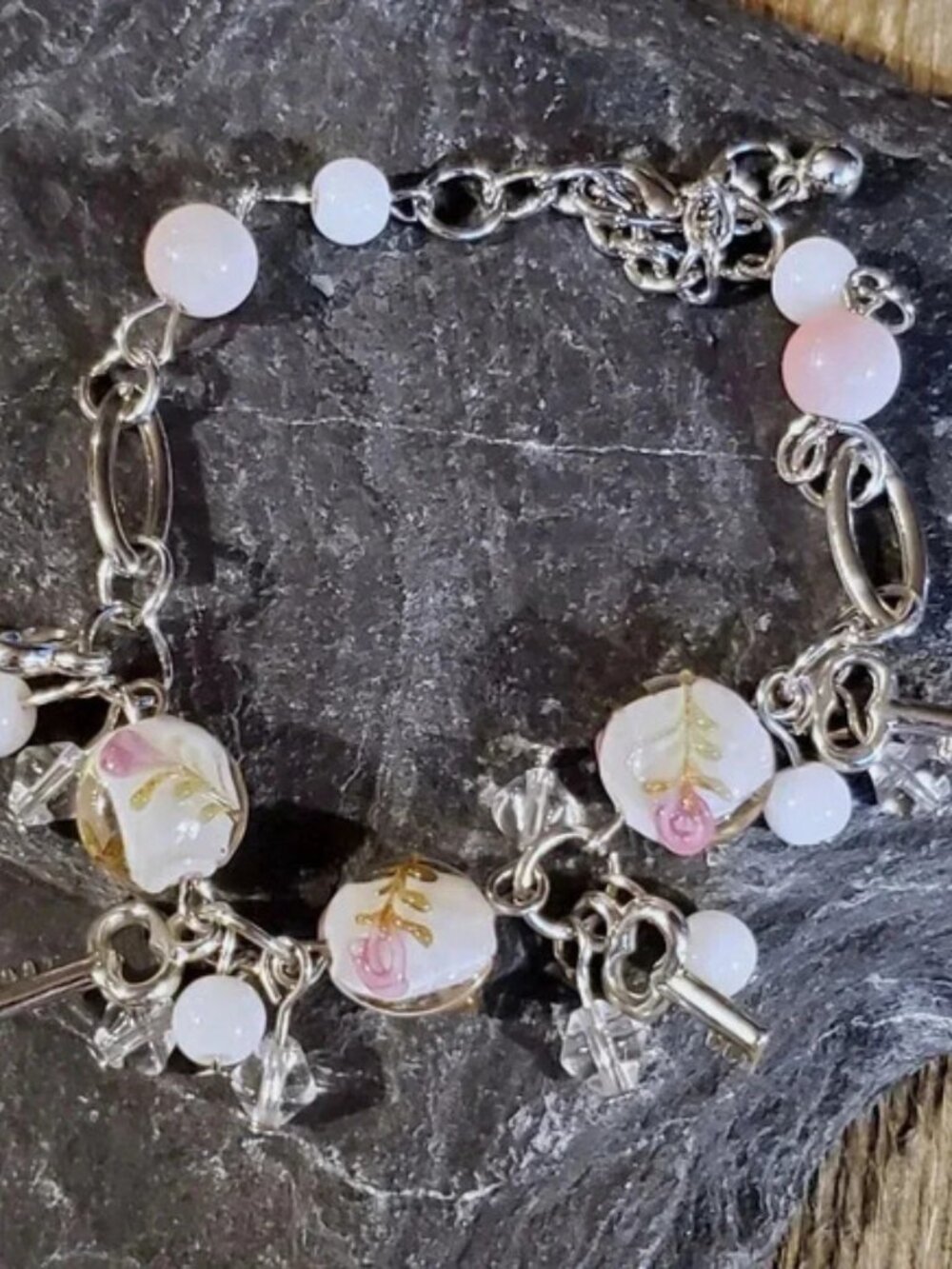 Vintage Murano Glass Beads White Silver Charm Bracelet Style J